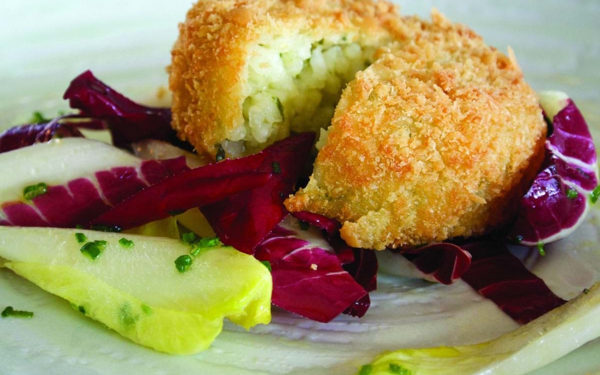 Colliers Cheese Breadcrumbed White Onion and Collier’s Cheddar Risotto Cake with a Radicchio and Chicory Salad and Honey