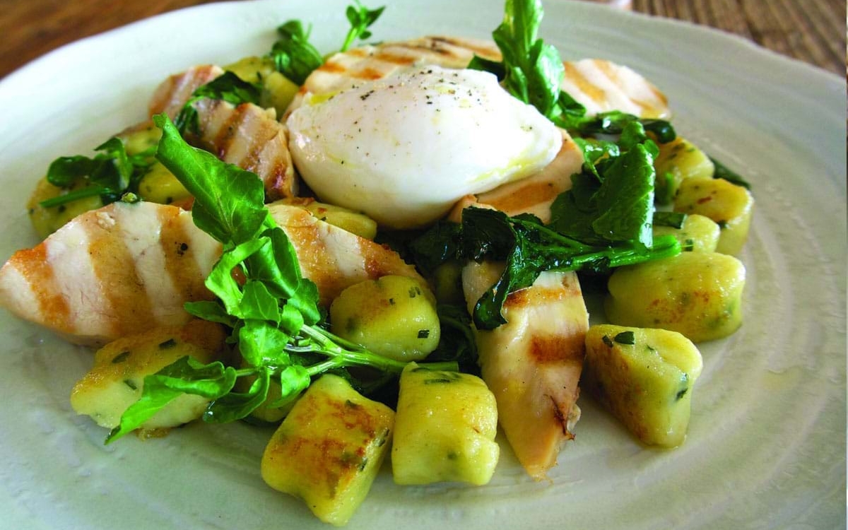 Colliers Cheese Collier’s Cheddar Gnocchi, Grilled Chicken, Watercress, poached egg & celery salt